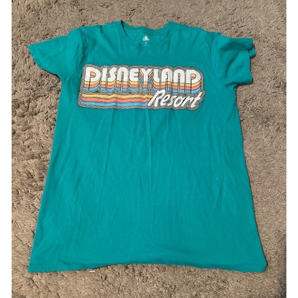 Disneyland‎ Resort Women's Large Retro Rainbow Graphic Tee Turquoise Park Shirt